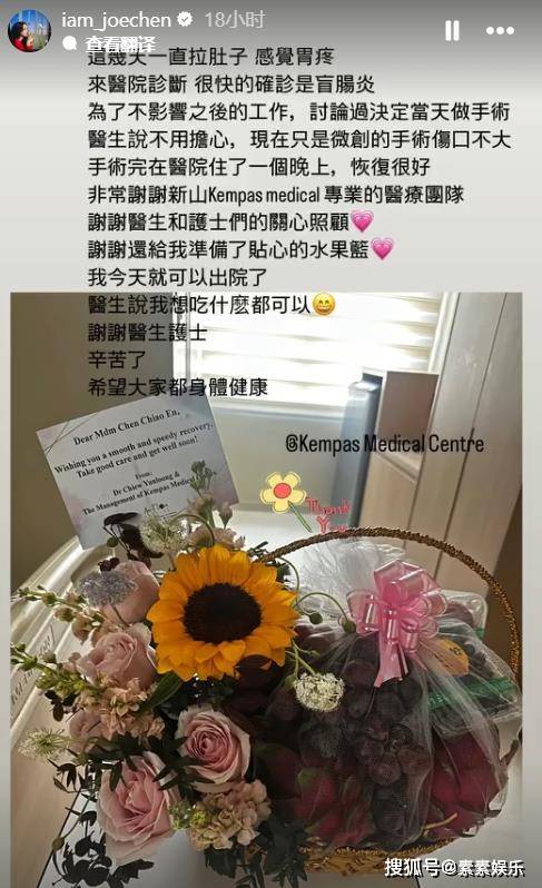 原创              陈乔恩确诊盲肠炎，手术在肚子上打3个洞，切除部位令人心疼