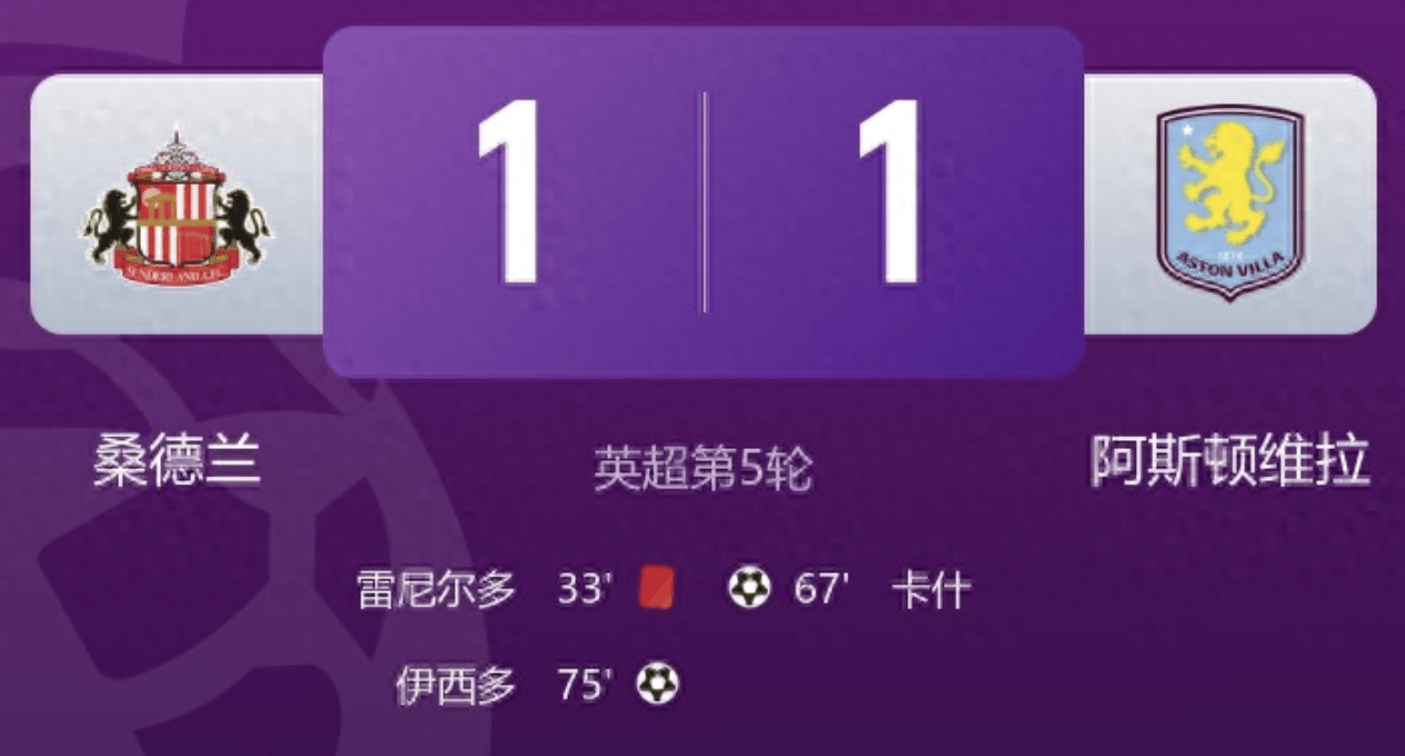 桑德兰1-1维拉对手十人维拉都赢不了又爆冷了昨晚英超联赛免费高清直播+实时赛程+积分预测（2025赛季全覆盖）六场对五
