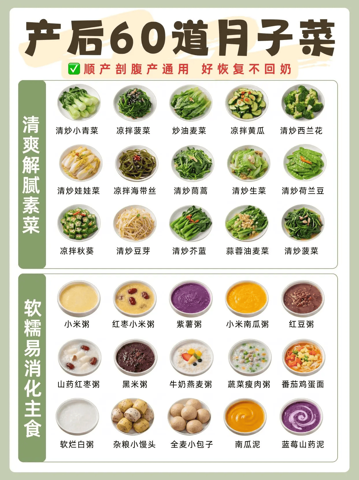 顺产剖腹产通用60道月子菜,奶水足恢复快