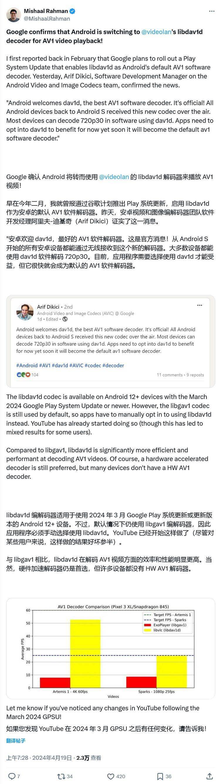 谷歌确认安卓改用 libdav1d 编解码器，改善支持 AV1 视频