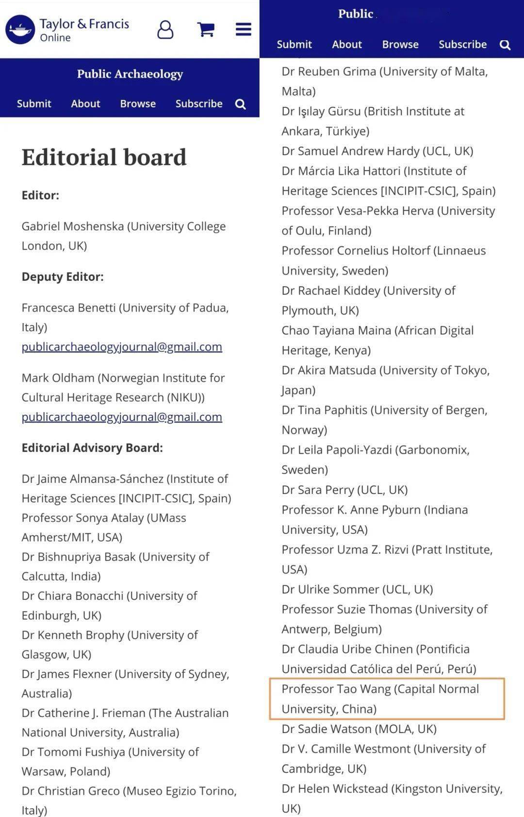 资讯丨我校历史学院王涛教授受邀担任国际知名期刊Public Archaeology编委