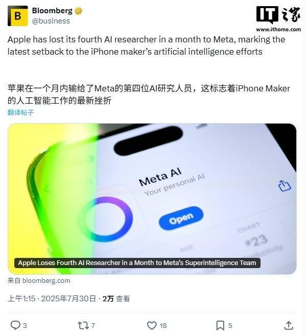 苹果又一 AI 研究员跳槽 Meta，一个月内连续被挖四名大将