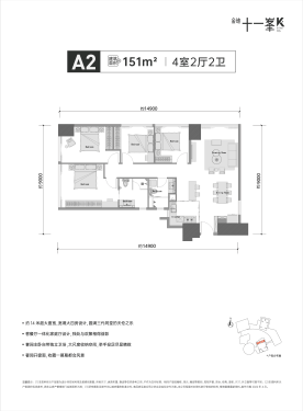 151㎡戶型為三室兩廳一廚兩衛大平層,端戶設計,約14米麵寬四開間戶型