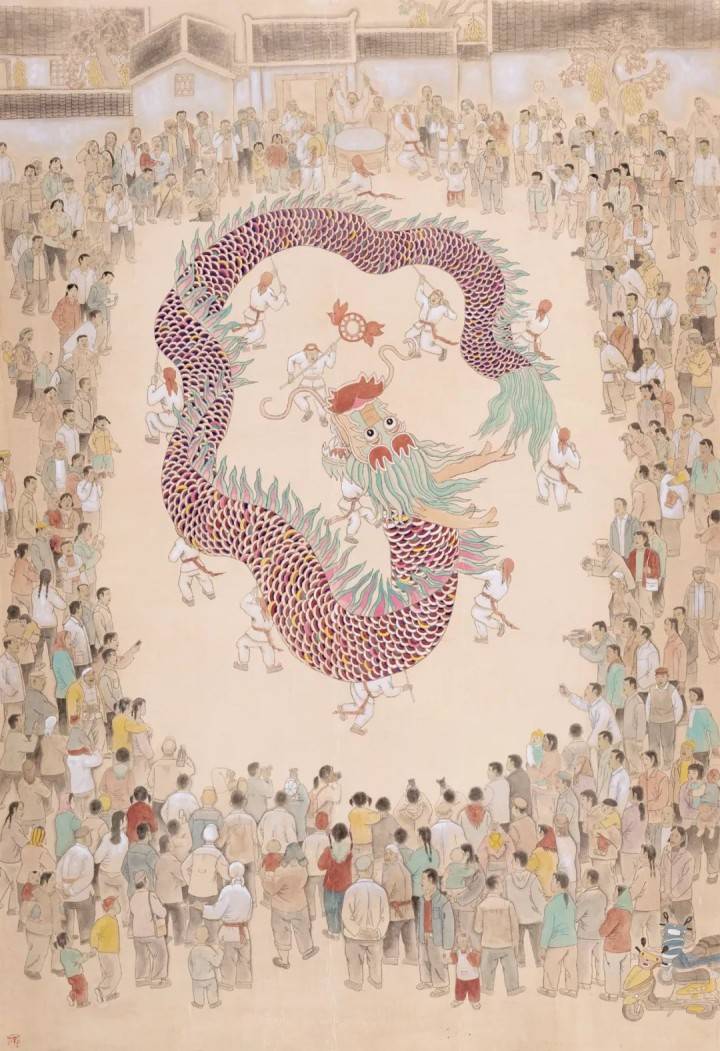 《舞龙盛世》203x139cm《乡村牛市》196x119cm《农家小院二》240x180