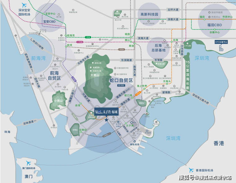 空:深圳t3國際機場,香港國際機場,澳門國際機場;陸:望海路,微波山隧道