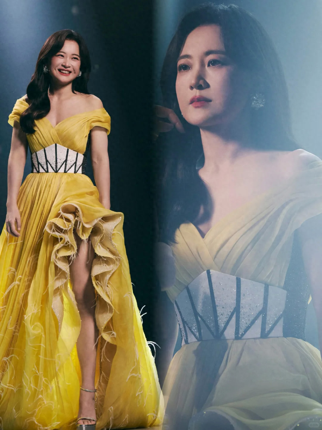 贾玲瘦身后惊艳亮相,大波浪卷发 露肩黄色开叉礼服,美出新高度