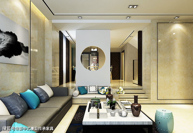 在这些元素中,中式屏风,窗棂,木门,工艺隔断以及简化的中式"博古架"等