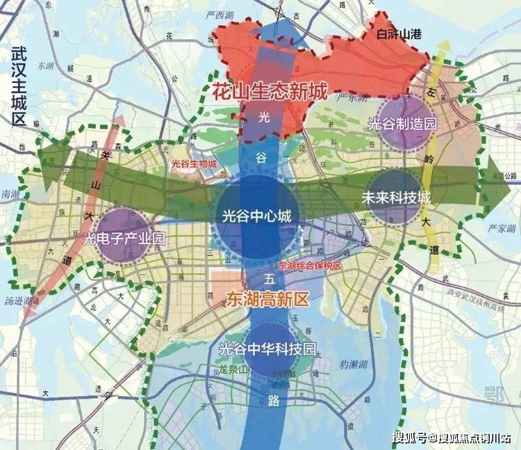 花山生态新城作为东湖高新区北端产业核心,和"黄金十字轴"生态纵轴的