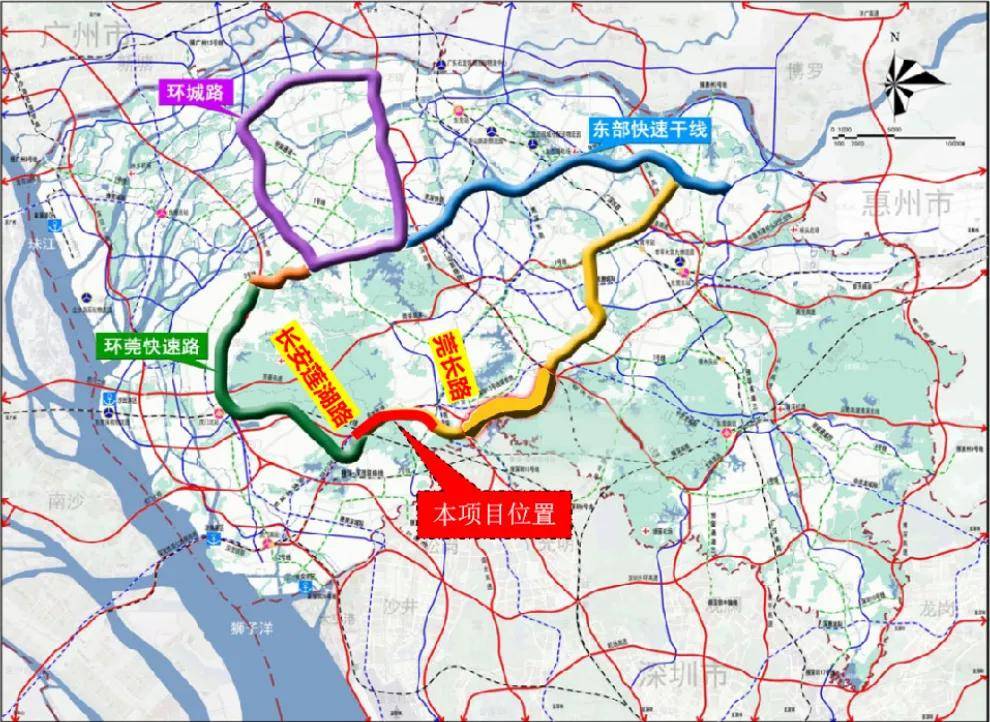 环莞快速路共分为三期建设:一期从石鼓连接线至厚街博览大道,全长3