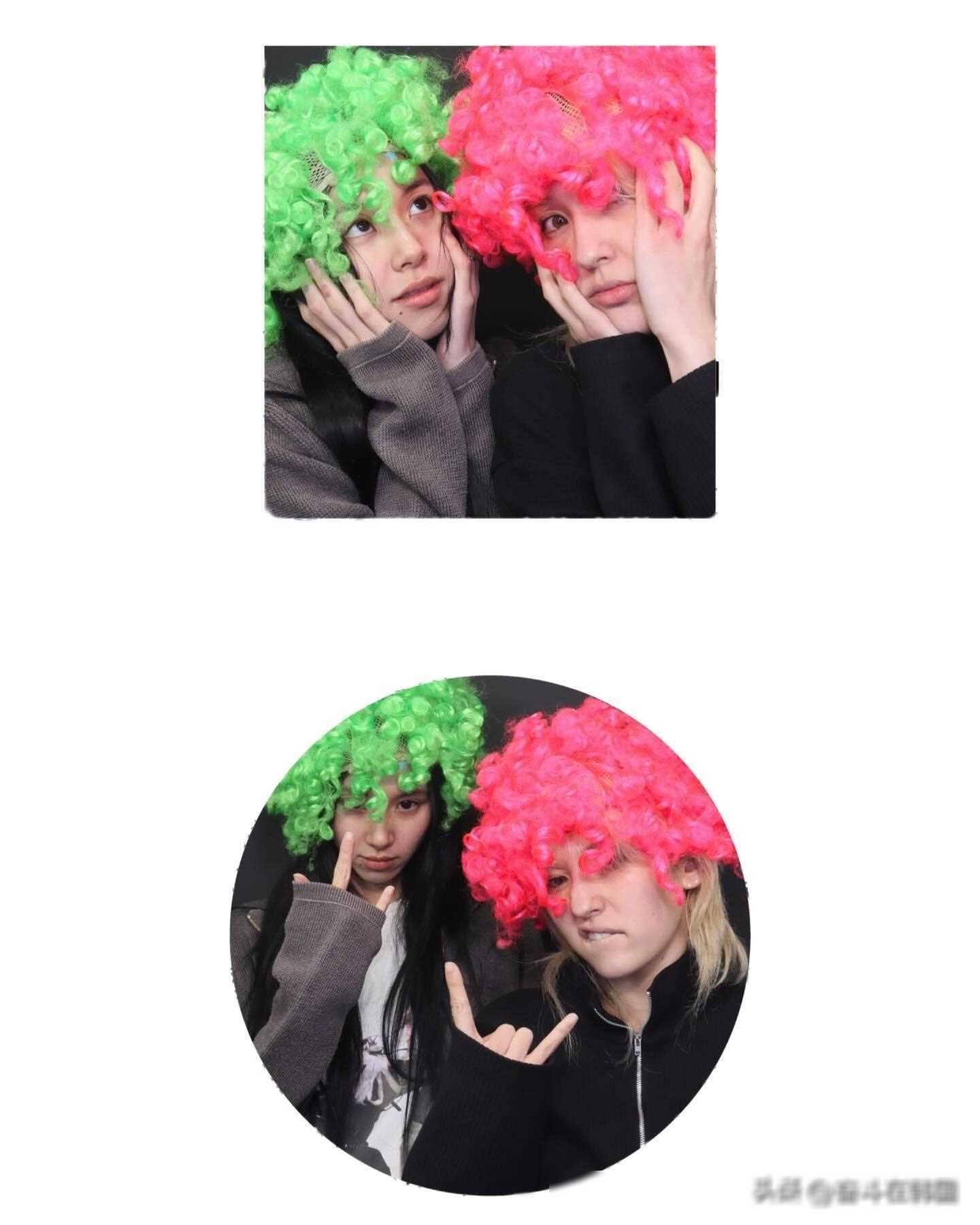 照片中,彩瑛和全昭弥戴着情侣假发,调皮地冲着镜头做出各种表情,展现