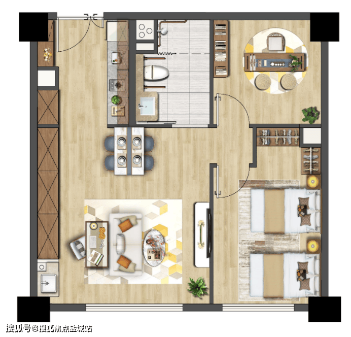 防止磕绊碰撞主卧套房空间充裕,灵动设计,亦可分床护理互动情景客厅