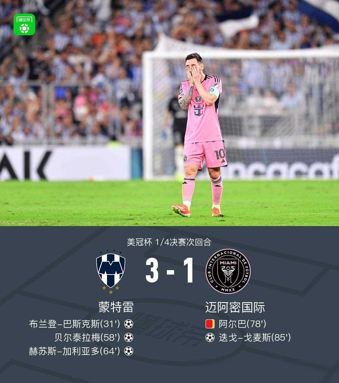 蒙特雷淘汰迈阿密国际卡伦德失误阿尔巴红牌