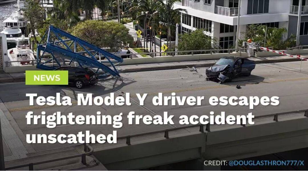 在美国佛罗里达州的严重交通事故中,坠落的起重机直直砸向特斯拉车头