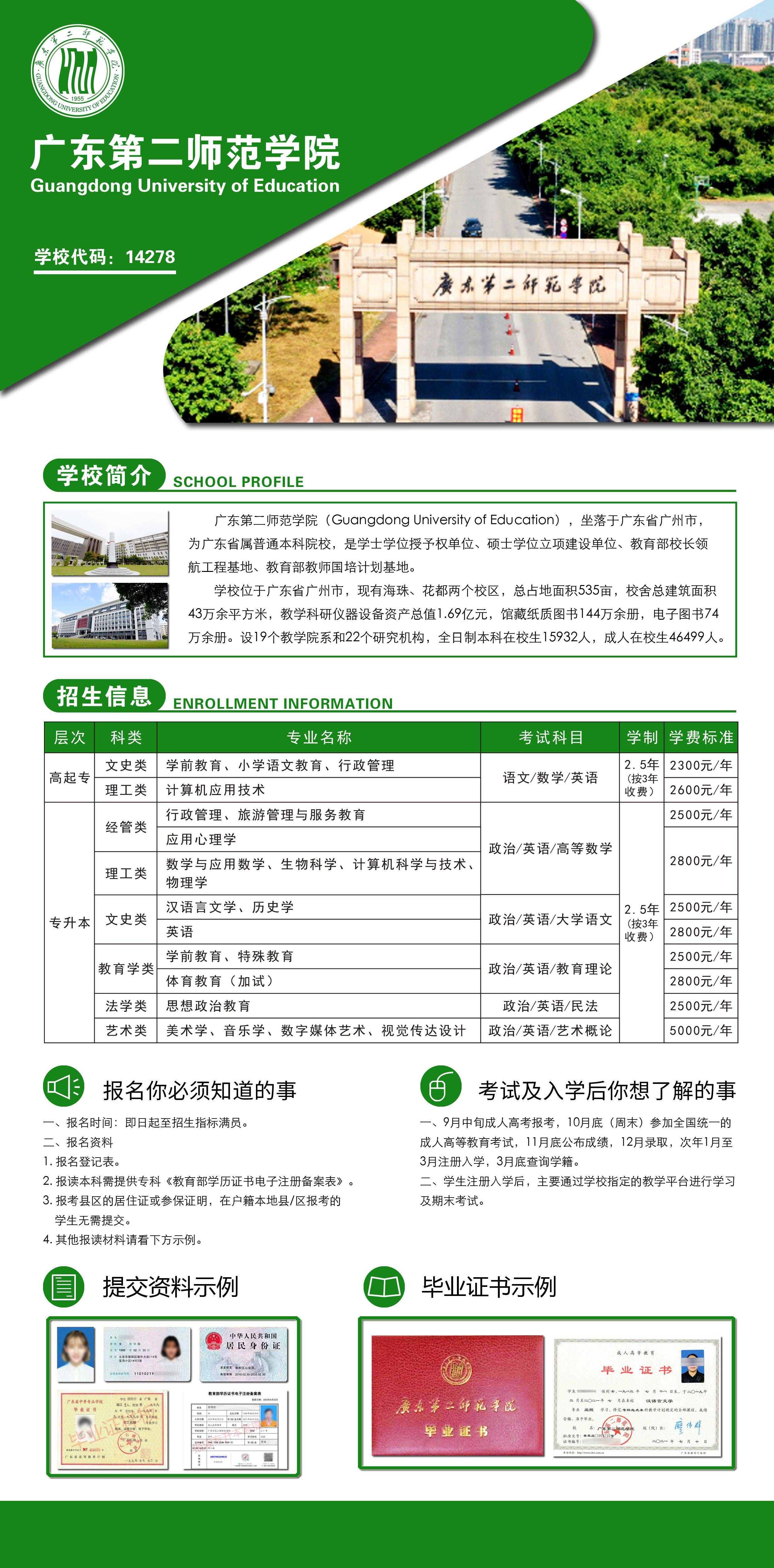 广东第二师范学院成人高考报名流程及招生专业