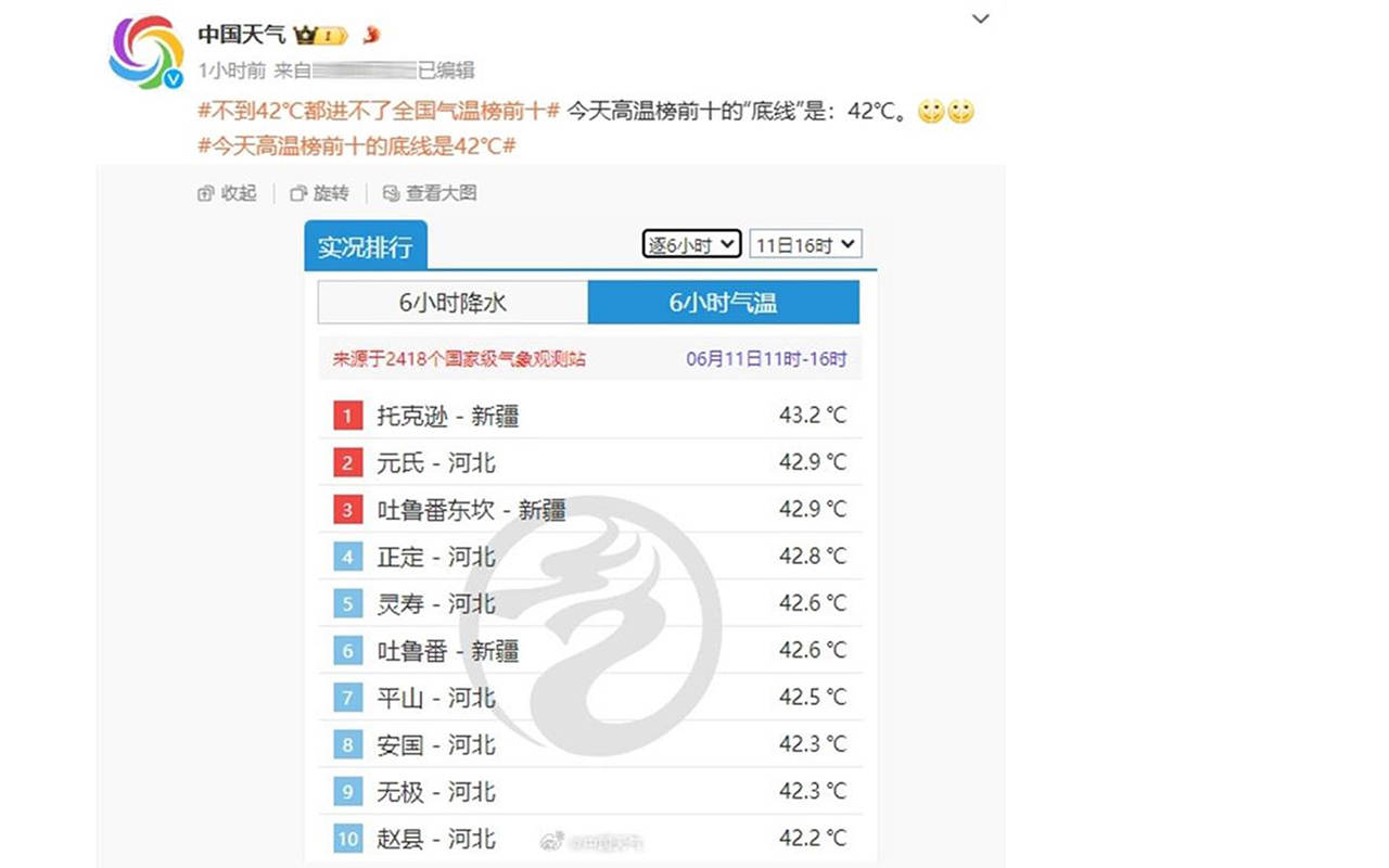 43.2度高温出现,42度高温都排不进全国前10,预报:南方降雨8天