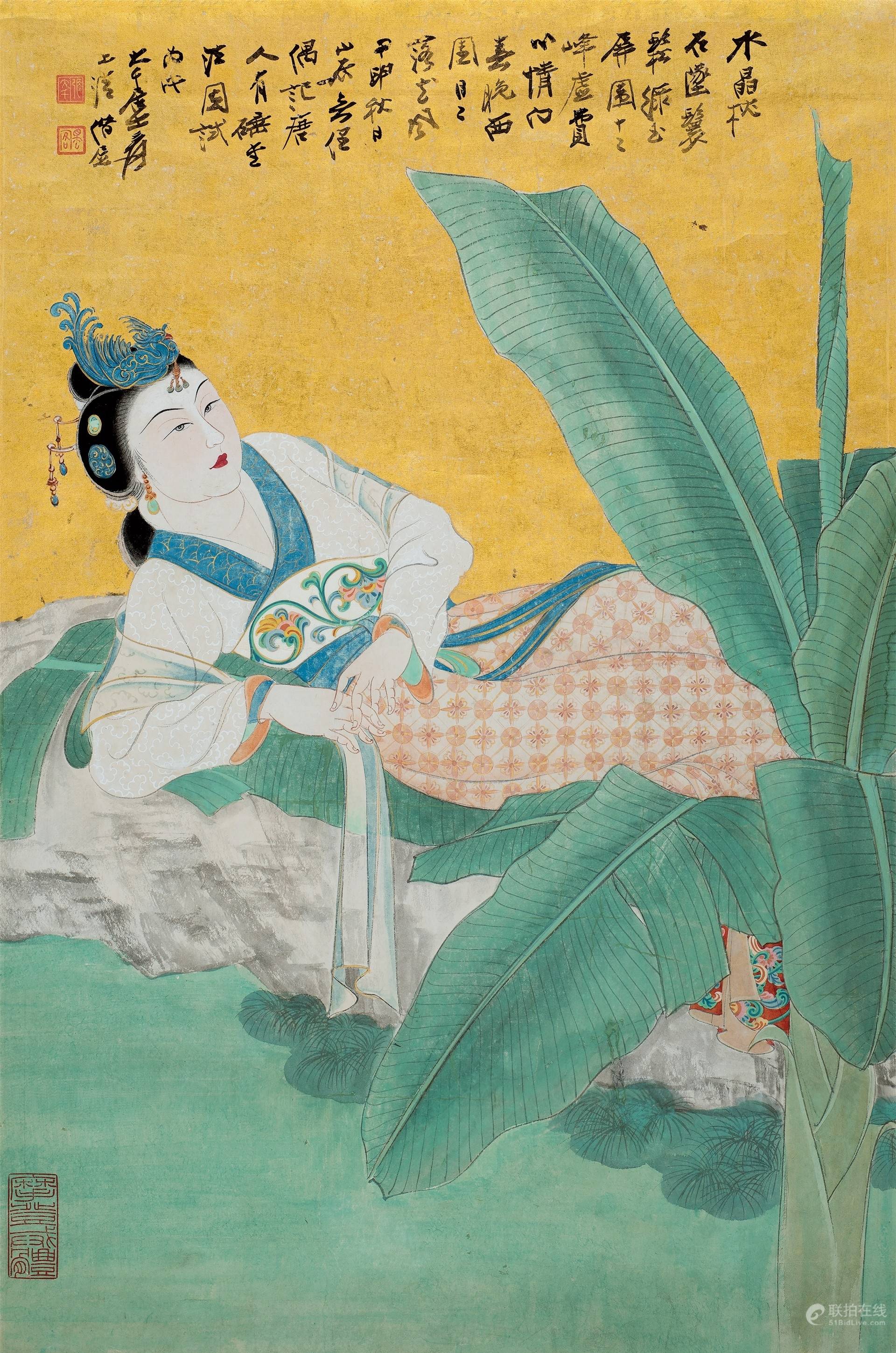 张大千半躺在芭蕉叶上美人儿