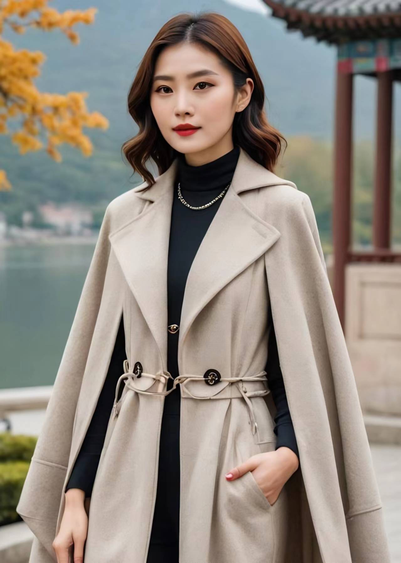 身穿斗篷外套披肩大衣的女子,既清新又高贵,增添了一抹时尚感.