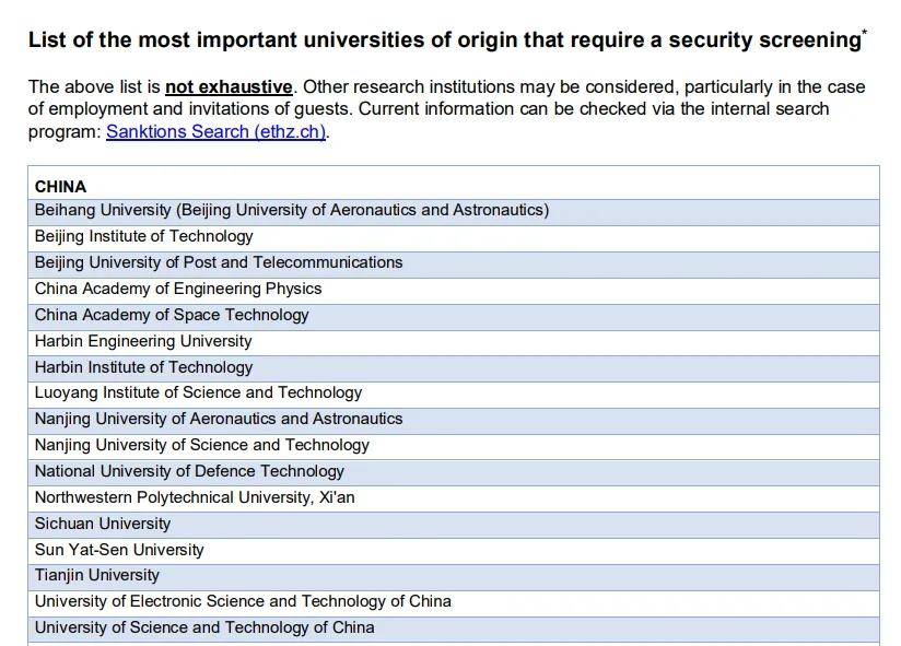 苏黎世联邦理工学院禁招中国留学生！