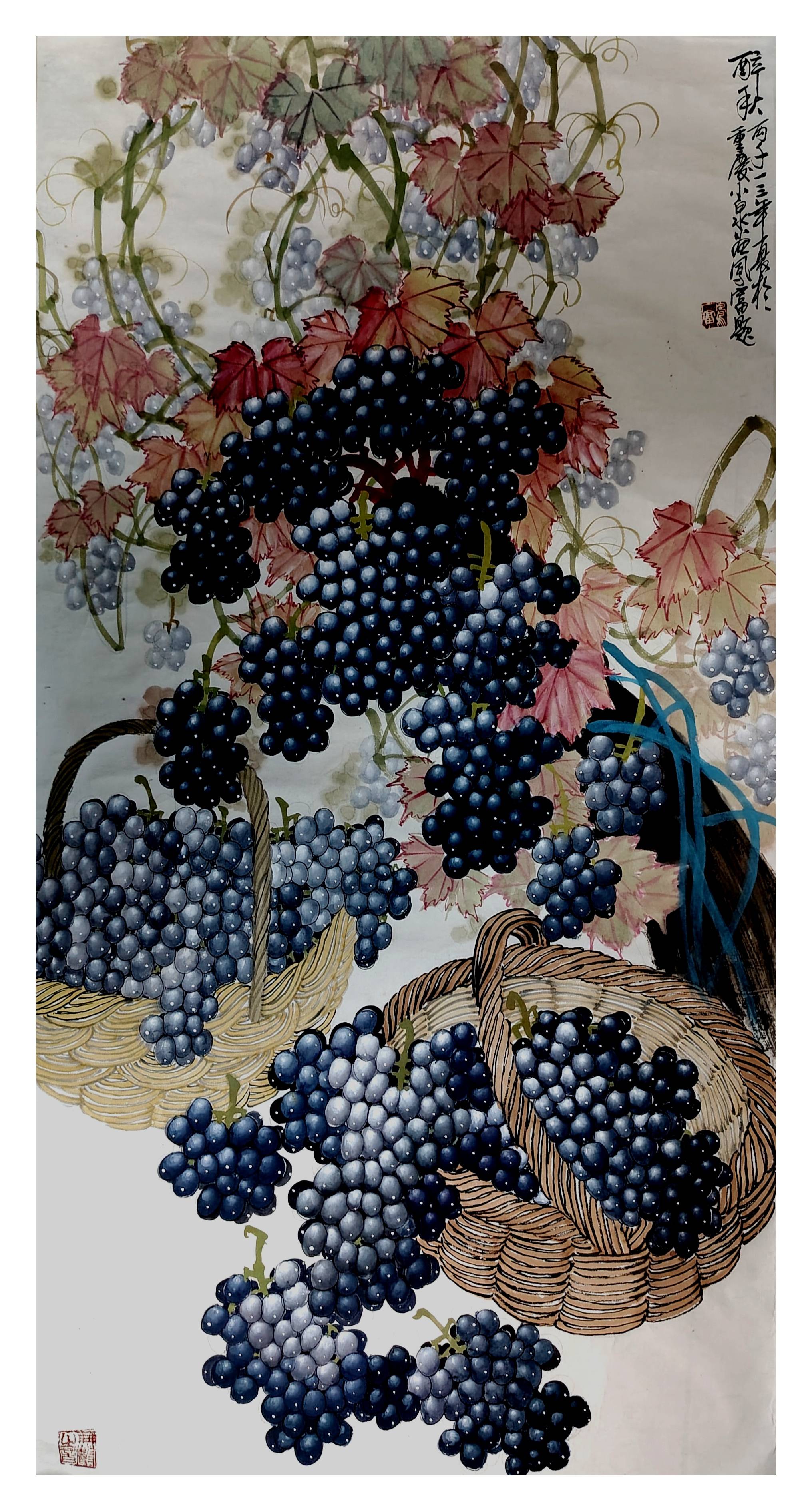 成功地把葡萄的鲜活灵动以及秋天丰收的浓郁氛围栩栩如