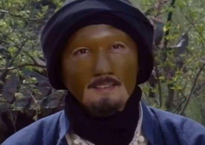 老气横秋的衣衫,头上裹着头巾,脸上戴着铁面具,还贴了假胡子,只露了一