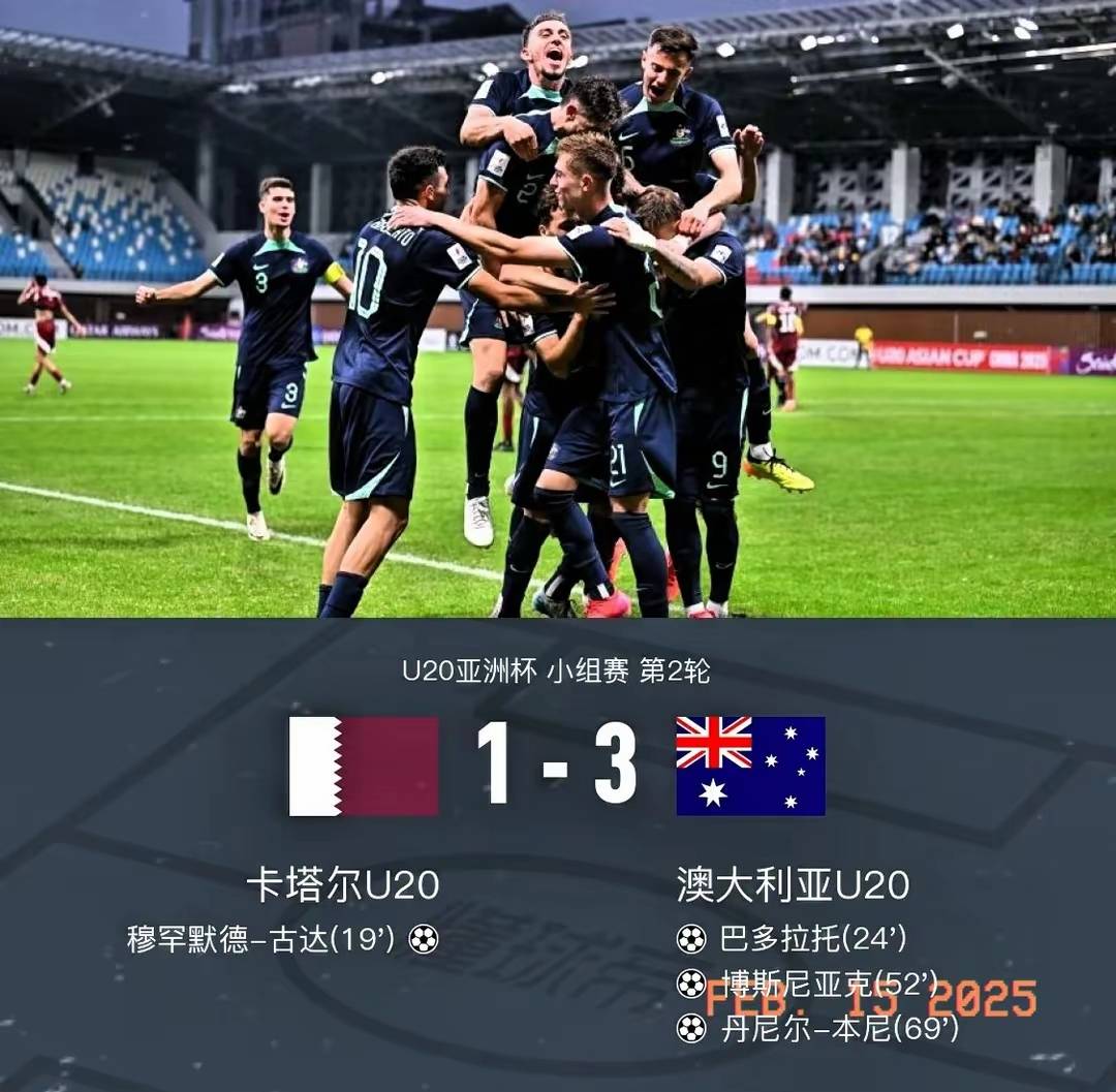 U20亚洲杯焦点战：澳大利亚3-1逆转卡塔尔，国足小组出线形势乐观