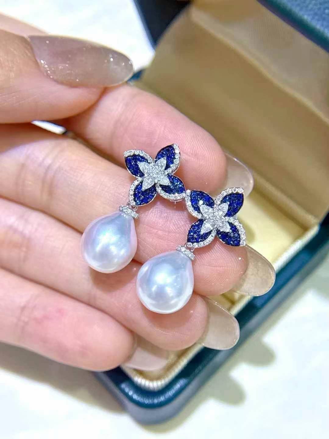 璨蓝星辰 复古蓝宝石澳白水滴耳环 10