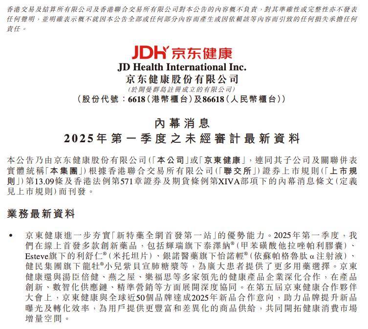 京东健康2025年一季度收入166.45亿元 推出“AI京医”产品体系