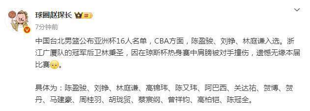 中国台北男篮亚洲杯名单公布！陈盈俊领衔 广厦冠军后卫因伤缺席