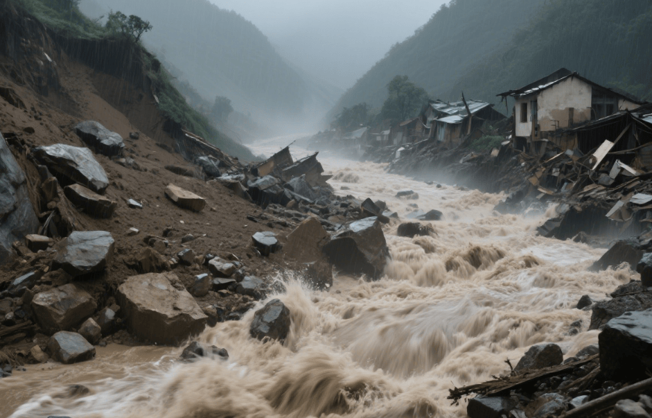 泥石流由暴雨引发山体物质滑动形成,含大量泥沙石块,流速可达每秒数米
