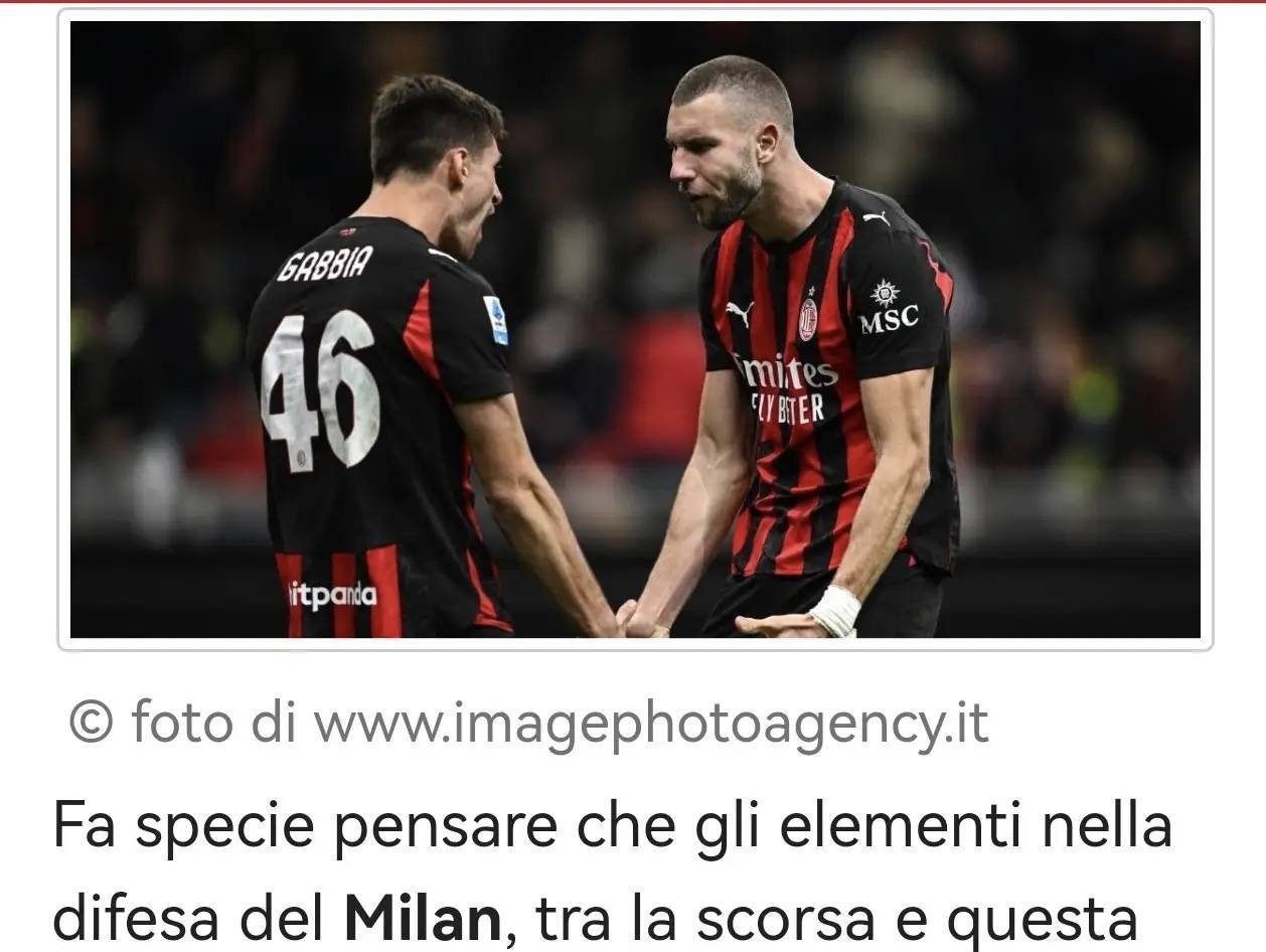 意甲媒体统计：米兰后防三将加比亚、托莫里和帕夫洛维奇出场时，场均丢球仅0.55个