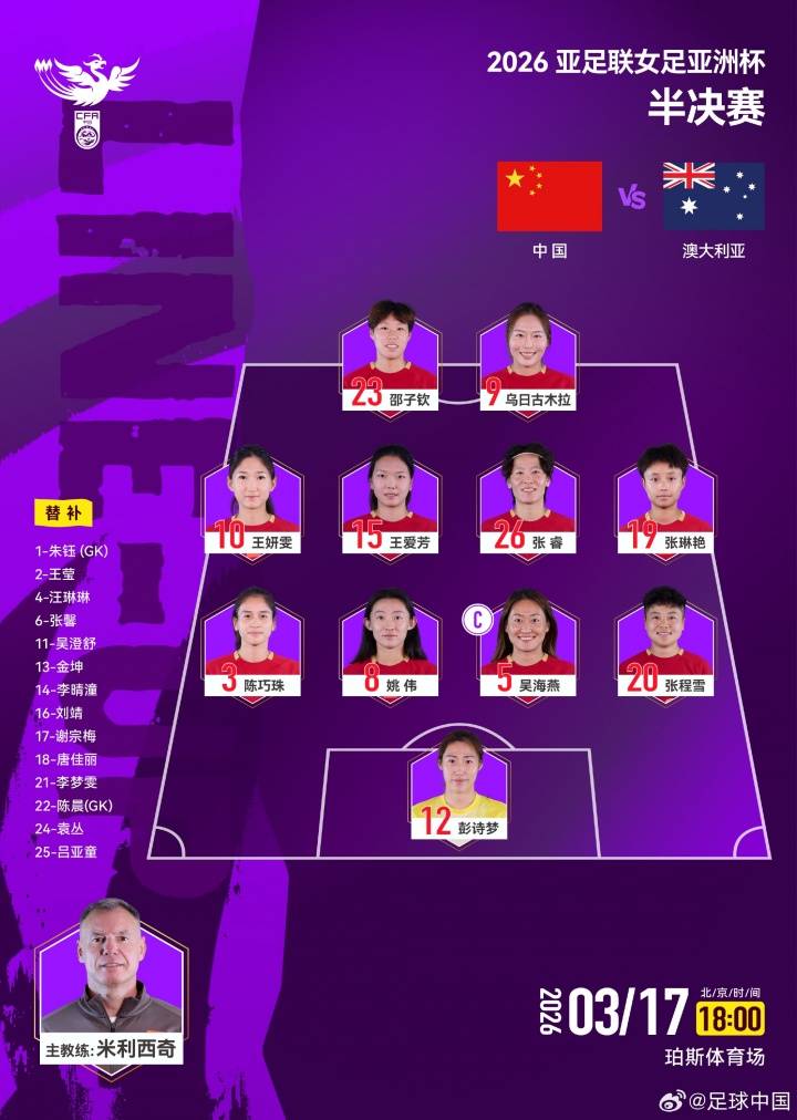 中国女足首发：王霜缺阵张琳艳出战 邵子钦联手乌日古木拉