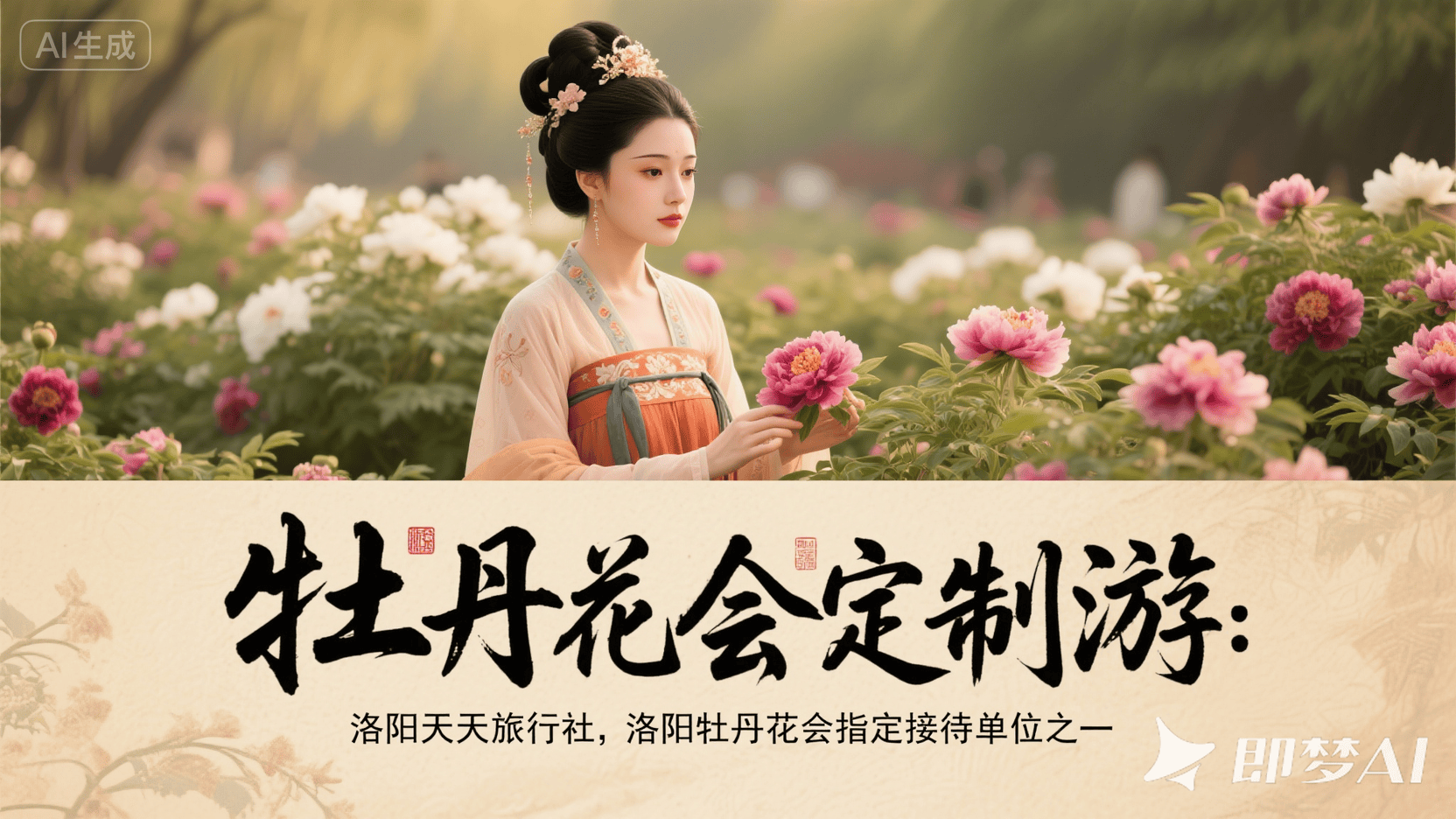 jimeng-2026-03-20-1301-洛阳的牡丹很好看、好看唐代的美女在赏花，图片下面毛笔大写：牡丹花会定制游：洛阳天....png