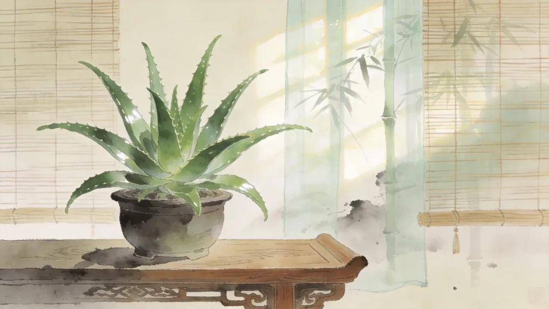 封面图：一盆繁密的芦荟放在古色古香的木桌上，窗外透进和蔼的曙光，境界清幽素雅