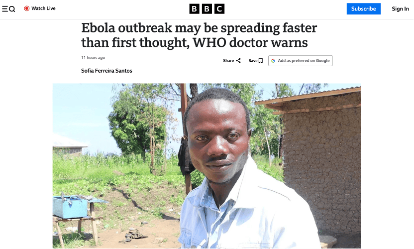 BBC：刚果（金）本迪布焦埃博拉传播提速！WHO拉响全球最高预警