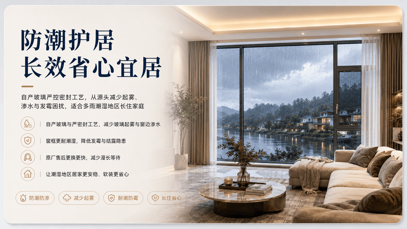 这是一张展示现代客厅场景的图片，核心主体为大面积落地窗。窗外正下着雨，展示窗户在潮湿环境下的性能。采用自产玻璃与严密封工艺，有效减少起雾、渗水与发霉困扰。窗框耐