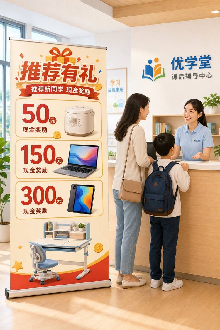 教培机构前台摆转介绍海报，写明阶梯奖励，家长带孩子咨询
