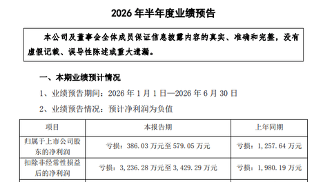 皮阿诺预计2026年上半年归母净利润亏损386万元至579万元