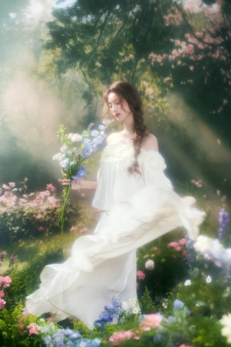 徐艺洋穿白裙与花海合照 光影衬出灵动氛围感