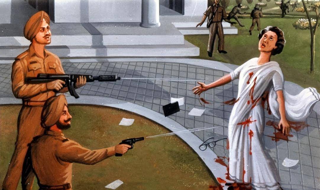 一人拿冲锋枪,往英迪拉身上射出30多发子弹,英迪拉当场被打成筛子