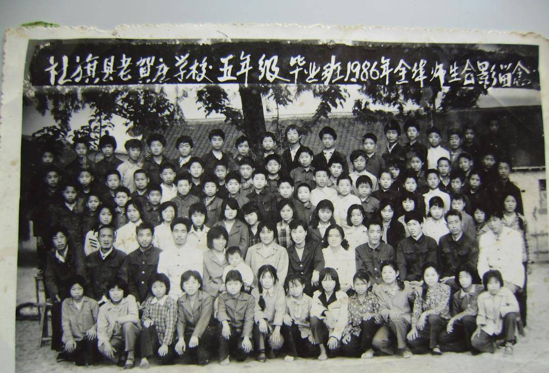 秦炳芬,賀民洲,白金海,王長安,賀心東照片說明:1989年老賀莊學校五