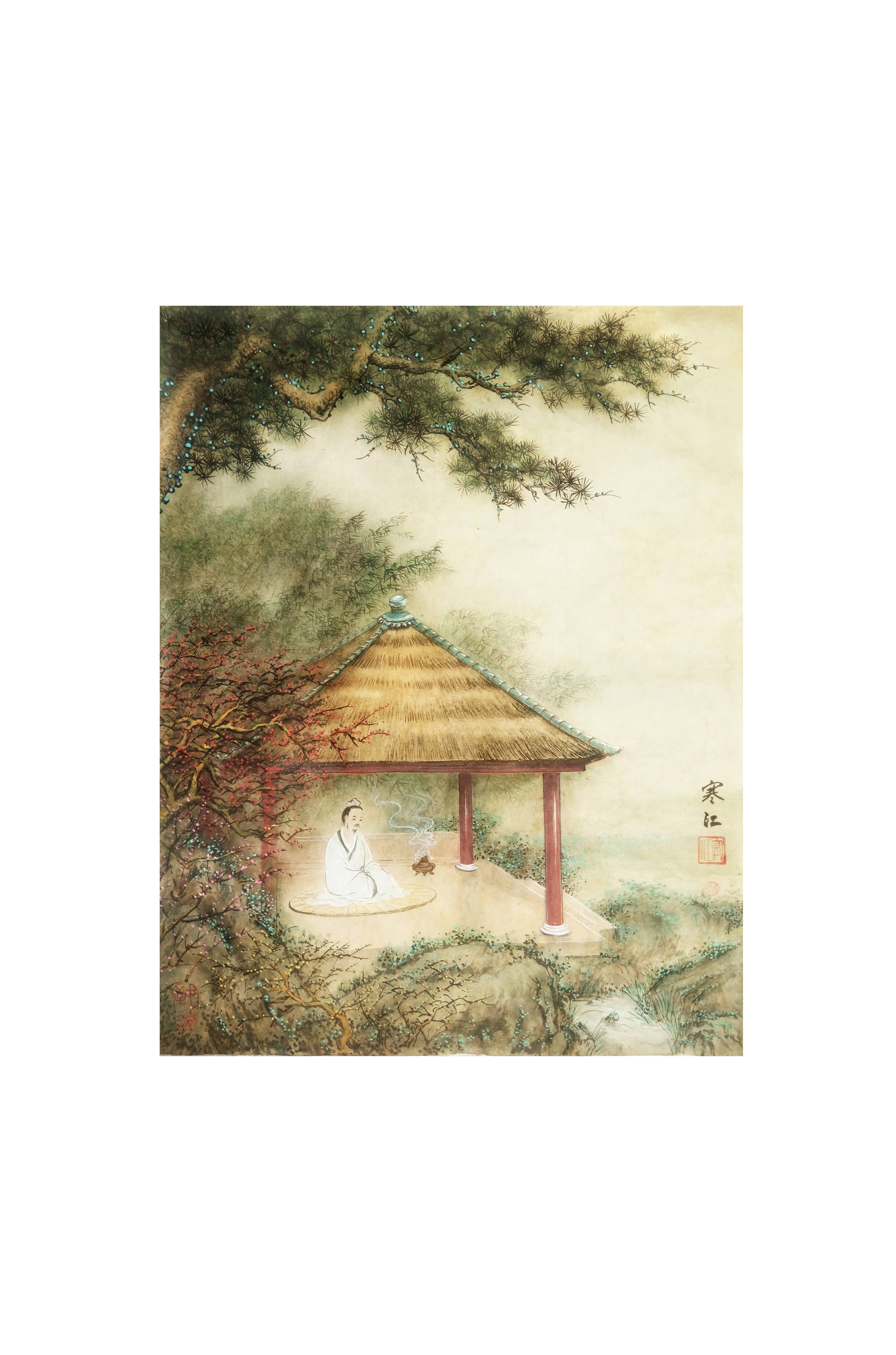 界画寒江---禅意界画《静坐参禅图》,拟唐伯虎的同题材意境绘制,纸质