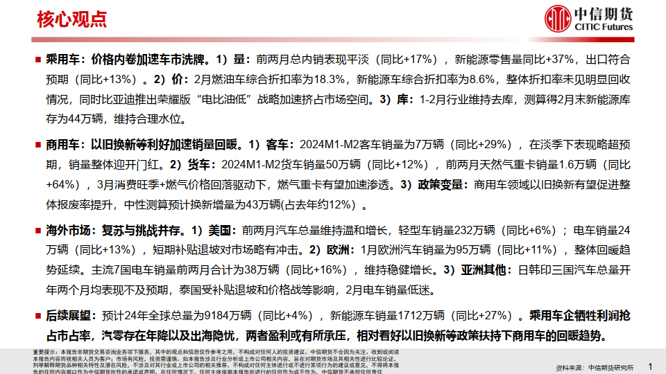 汽车行业2024年一季度总结与二季度策略报告:乘用迎洗牌,商用趋回暖