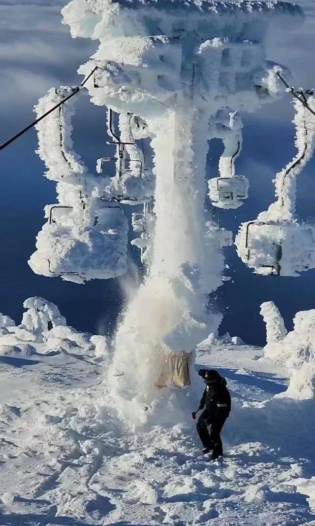 这不是装饰品,也不是雪雕,而是加拿大的空中缆车,在一场大雪后,景区不