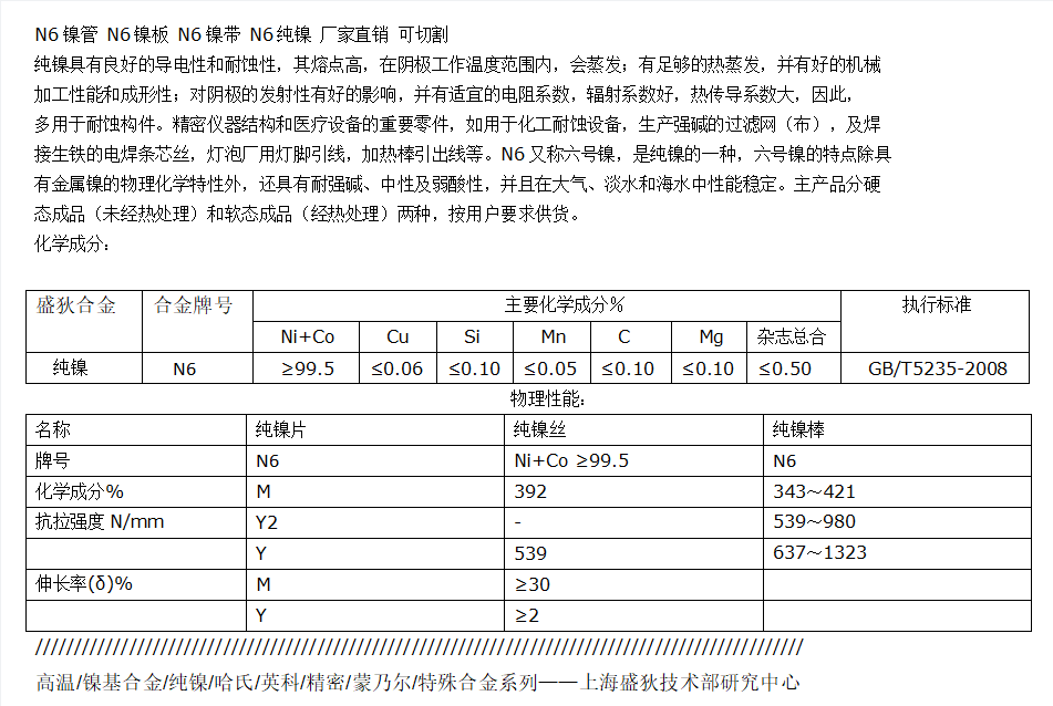 n6/ni200纯镍棒/高纯度丝材 钢带的化学成分