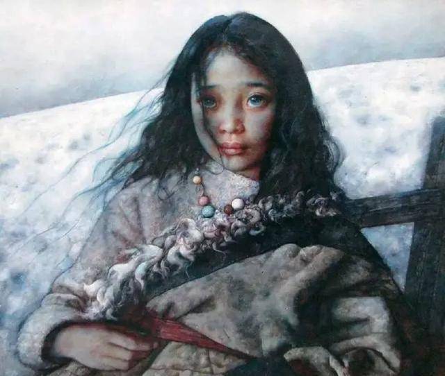 西藏女孩明亮而哀伤的眼睛,油画艺术家艾轩油画作品欣赏