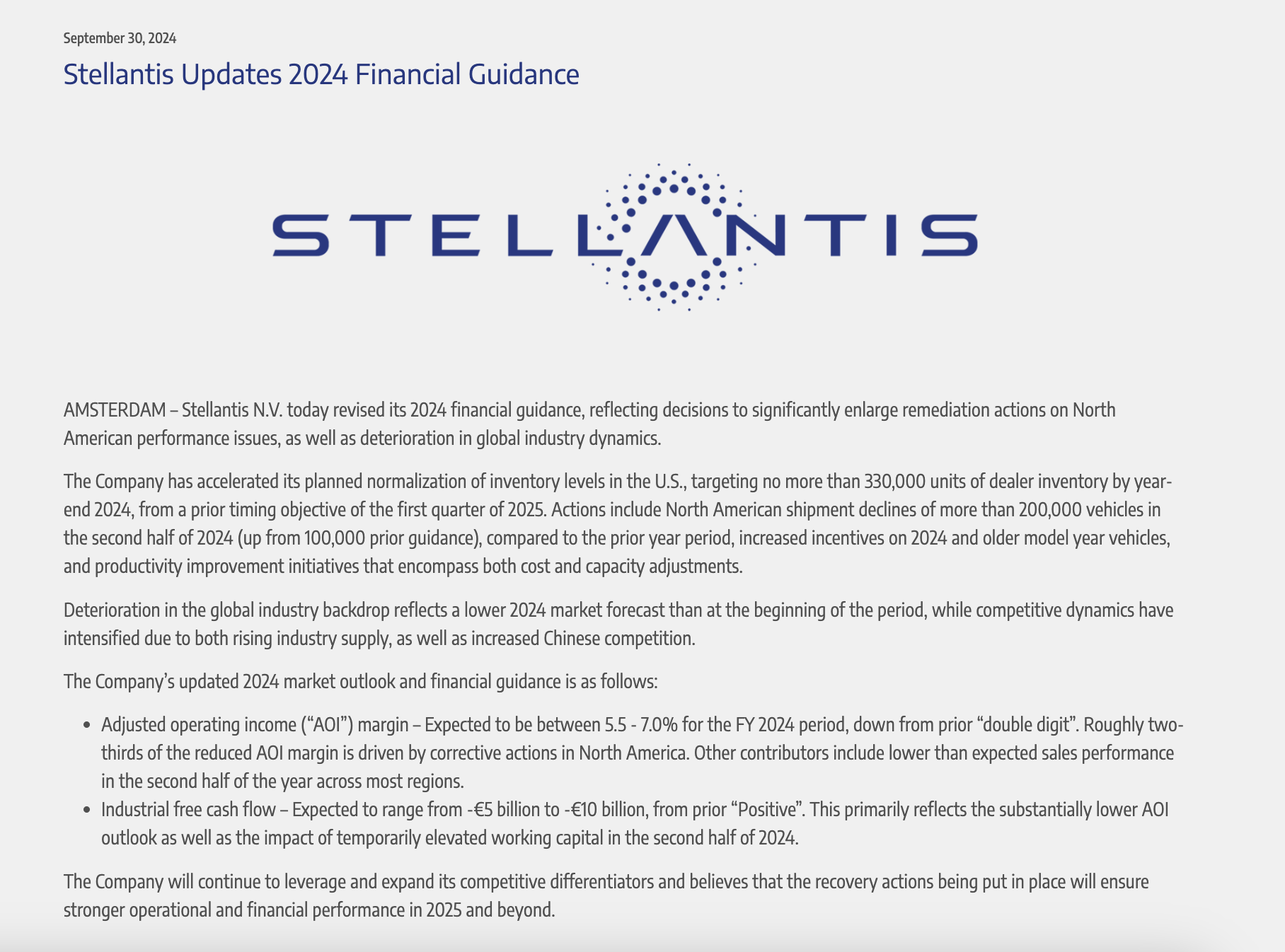 全球快讯｜Stellantis集团大幅下调全年业绩预期