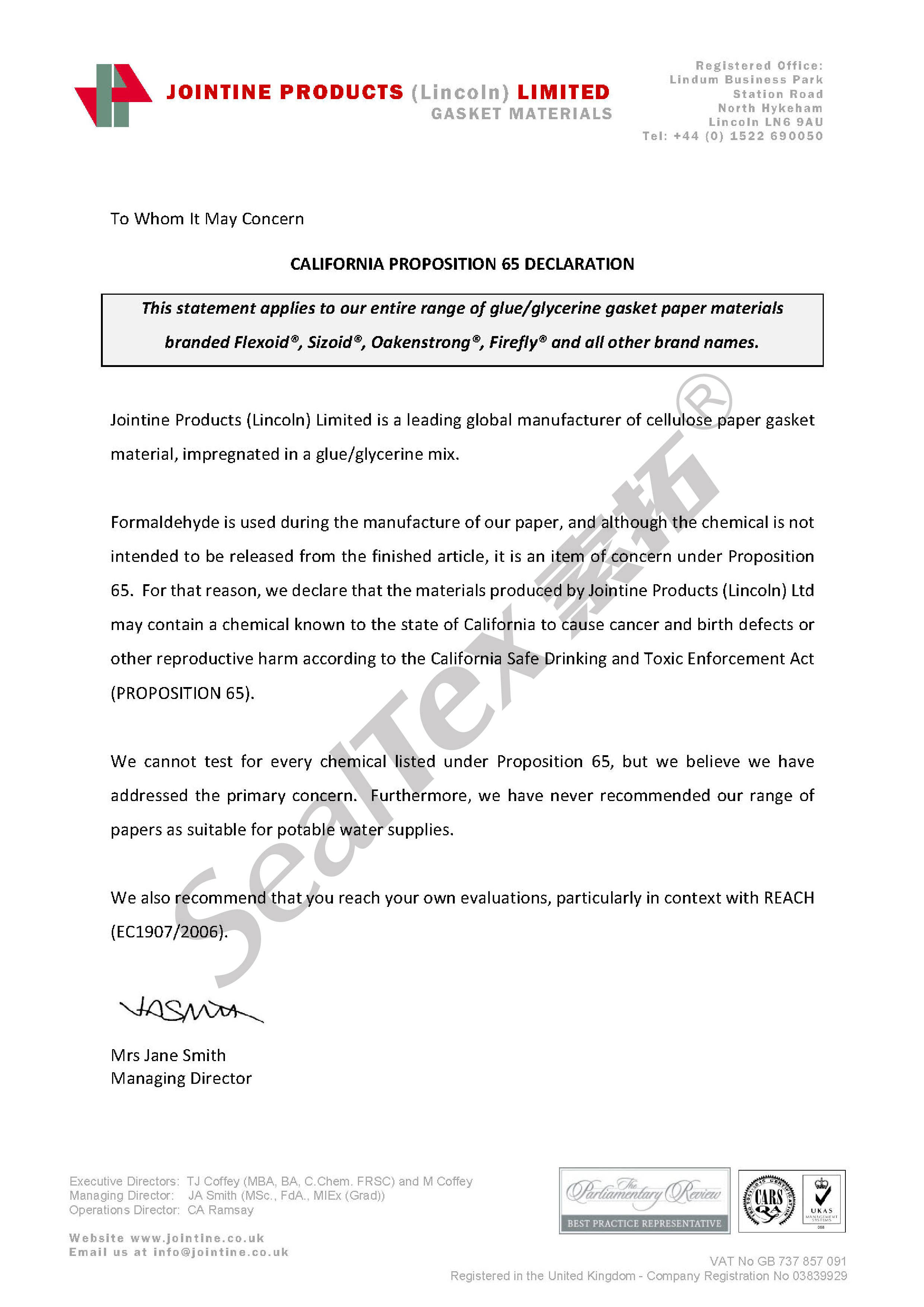 英国福来德flexoidcranflex符合加州cp65法规及pfas