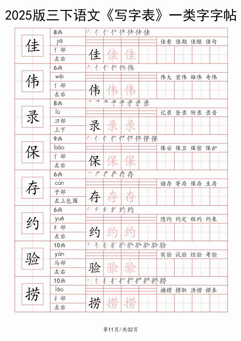 25版三年级下册语文《写字表》一类字字帖_生字_文化_笔画数