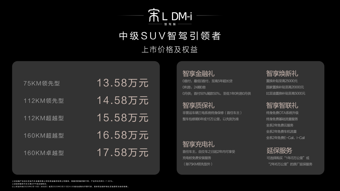 官方指导价13.58-17.58万元 宋L DM-i智驾版上市