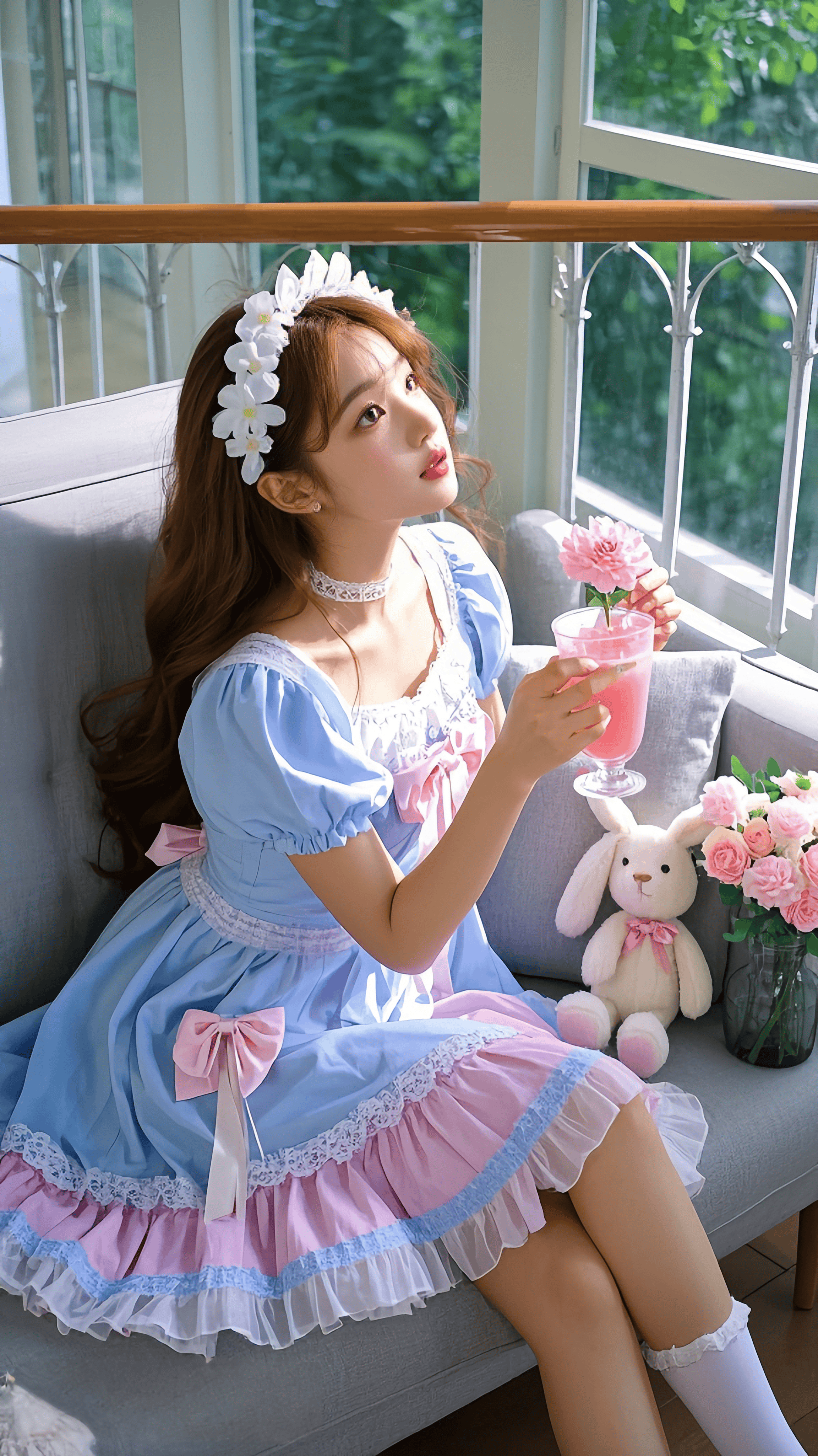 蓝白绮梦:洛丽塔少女与花
